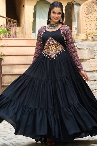 Reyon Embroidered & Printed Semi-Stitched Gown with Dupatta     Black | Up to Size 42 | 56" Length