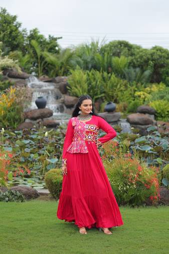 Reyon Embroidered & Printed Semi-Stitched Gown     Pink | Up to Size 42 | 56" Length