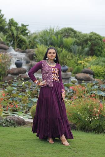 Reyon Embroidered & Printed Semi-Stitched Gown     Wine | Up to Size 42 | 56" Length