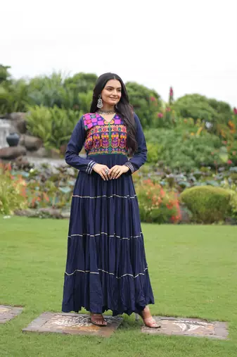 Reyon Embroidered Semi-Stitched Gown with Lining     Navy Blue | Up to Size 42 | 56" Length