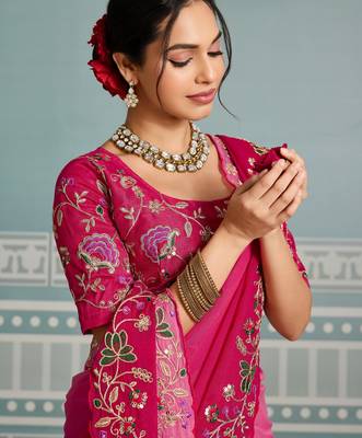catching olive green embroidered frendy net party wear saree with blouse 2