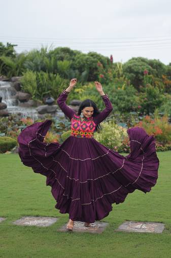 Reyon Embroidered Semi-Stitched Gown with Lining     Wine | Up to Size 42 | 56" Length