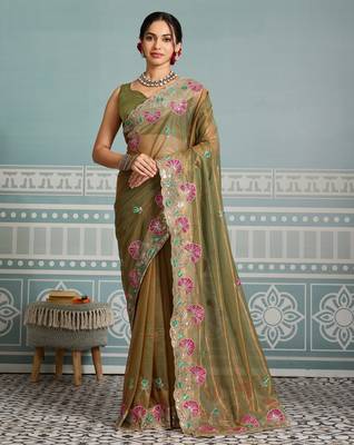 delightful peach embroidered frendy net bridal saree with blouse 1