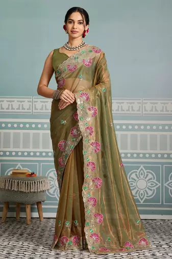 delightful peach embroidered frendy net bridal saree with blouse