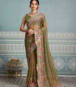 delightful peach embroidered frendy net bridal saree with blouse