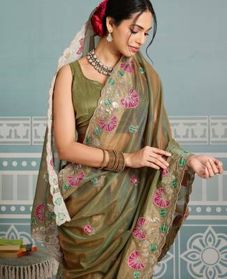 delightful peach embroidered frendy net bridal saree with blouse 2