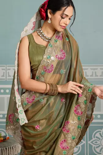 delightful peach embroidered frendy net bridal saree with blouse