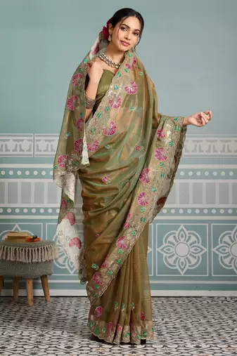 delightful peach embroidered frendy net bridal saree with blouse