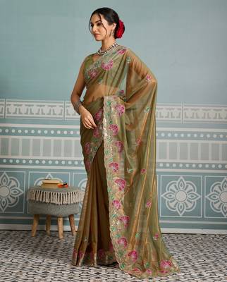 delightful peach embroidered frendy net bridal saree with blouse 4