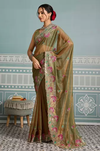 delightful peach embroidered frendy net bridal saree with blouse
