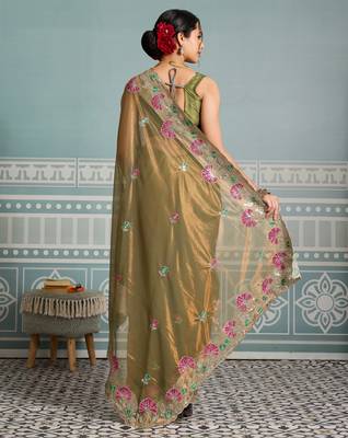delightful peach embroidered frendy net bridal saree with blouse 5