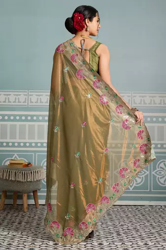 delightful peach embroidered frendy net bridal saree with blouse