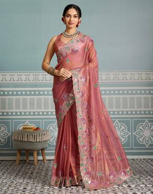 bewitching peach embroidered frendy net traditional saree with blouse 1