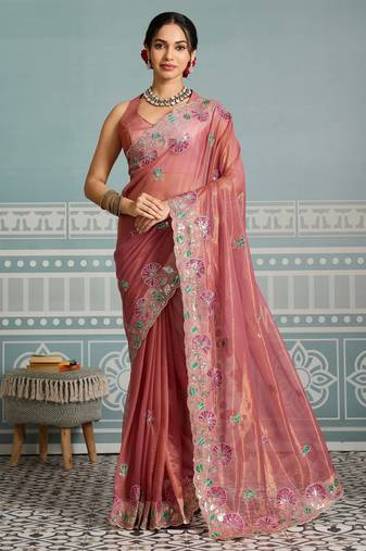 bewitching peach embroidered frendy net traditional saree with blouse
