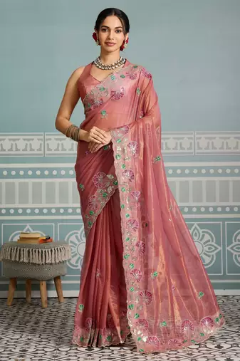 bewitching peach embroidered frendy net traditional saree with blouse