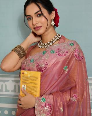 bewitching peach embroidered frendy net traditional saree with blouse 2