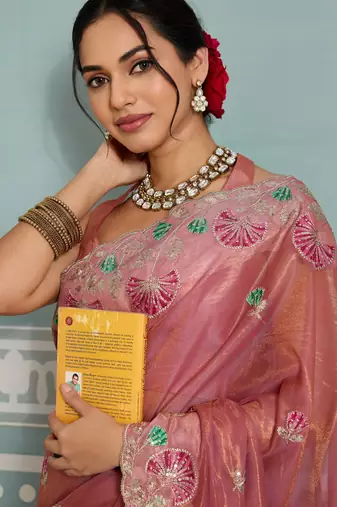 bewitching peach embroidered frendy net traditional saree with blouse