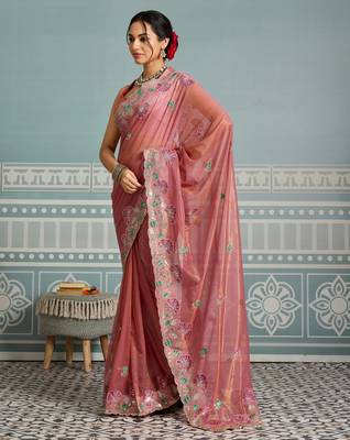 bewitching peach embroidered frendy net traditional saree with blouse 3