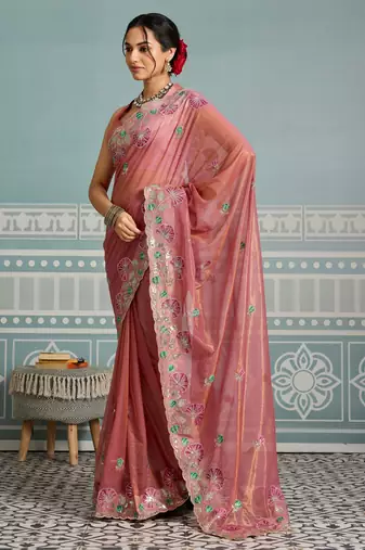bewitching peach embroidered frendy net traditional saree with blouse