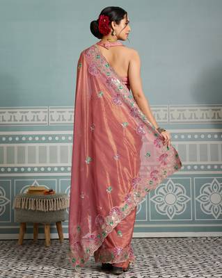 bewitching peach embroidered frendy net traditional saree with blouse 4