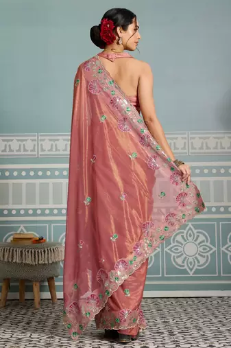 bewitching peach embroidered frendy net traditional saree with blouse