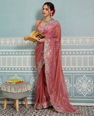 bewitching peach embroidered frendy net traditional saree with blouse 5