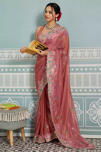 bewitching peach embroidered frendy net traditional saree with blouse
