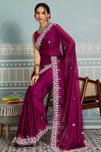 graceful purple embroidered black rangoli silk blend traditional saree with blouse