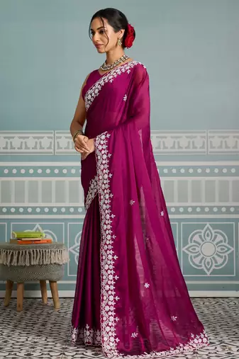graceful purple embroidered black rangoli silk blend traditional saree with blouse