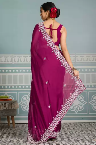 graceful purple embroidered black rangoli silk blend traditional saree with blouse