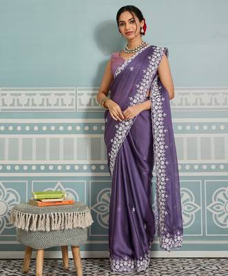 charming mustard embroidered twill net wedding saree with blouse 2