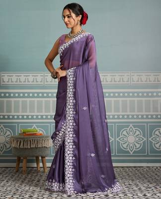 charming mustard embroidered twill net wedding saree with blouse 4