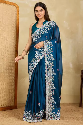 attractive wine embroidered black rangoli  silk blend  wedding saree with blouse