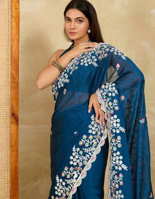 attractive wine embroidered black rangoli  silk blend  wedding saree with blouse 3