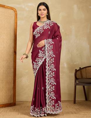 captivating teal green embroidered frendy chiffon party wear saree with blouse 1