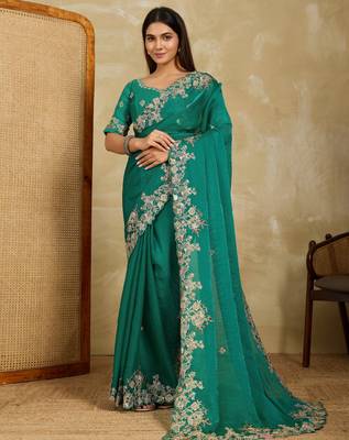 appealing pink embroidered frendy chiffon bridal saree with blouse 1