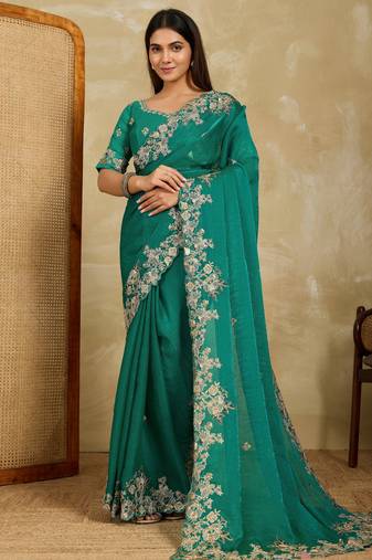 appealing pink embroidered frendy chiffon bridal saree with blouse