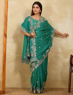 appealing pink embroidered frendy chiffon bridal saree with blouse 2