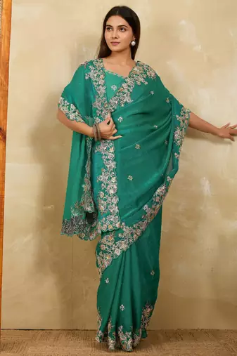 appealing pink embroidered frendy chiffon bridal saree with blouse