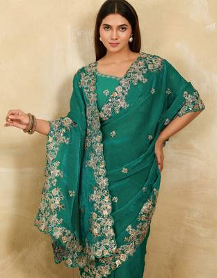 appealing pink embroidered frendy chiffon bridal saree with blouse 3