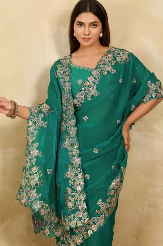 appealing pink embroidered frendy chiffon bridal saree with blouse