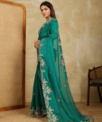 appealing pink embroidered frendy chiffon bridal saree with blouse 4