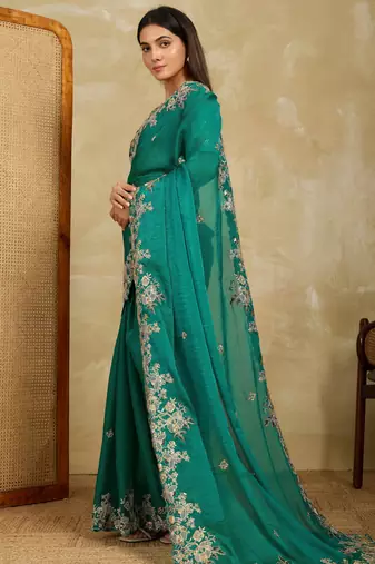 appealing pink embroidered frendy chiffon bridal saree with blouse