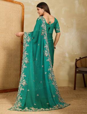 appealing pink embroidered frendy chiffon bridal saree with blouse 5