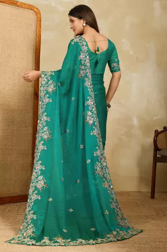 appealing pink embroidered frendy chiffon bridal saree with blouse