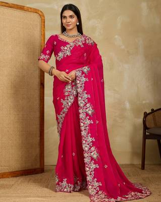 engaging lavender embroidered frendy chiffon traditional saree with blouse 1