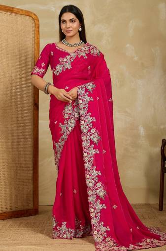 engaging lavender embroidered frendy chiffon traditional saree with blouse