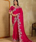 engaging lavender embroidered frendy chiffon traditional saree with blouse