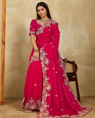 engaging lavender embroidered frendy chiffon traditional saree with blouse 2