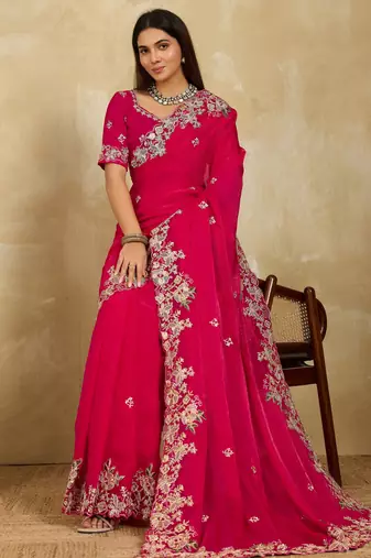 engaging lavender embroidered frendy chiffon traditional saree with blouse